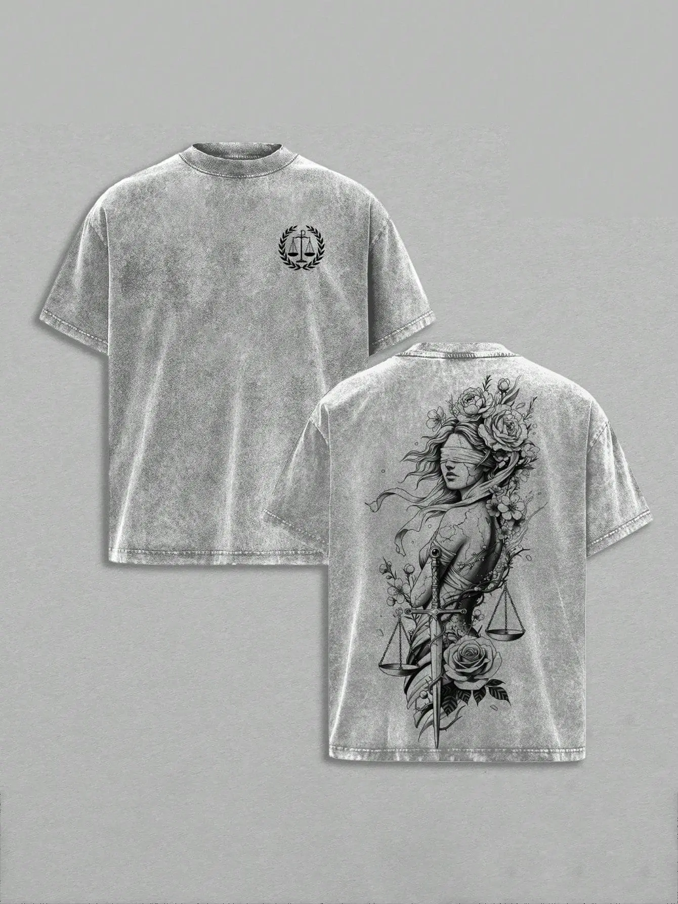 Lady Justice Vintage Washed Tee, Unisex Oversized Heavyweight Cotton T-Shirt With Blindfolded Justice Sword & Scales Art Balance & Power Theme Balance & Power Theme Grunge Aesthetic