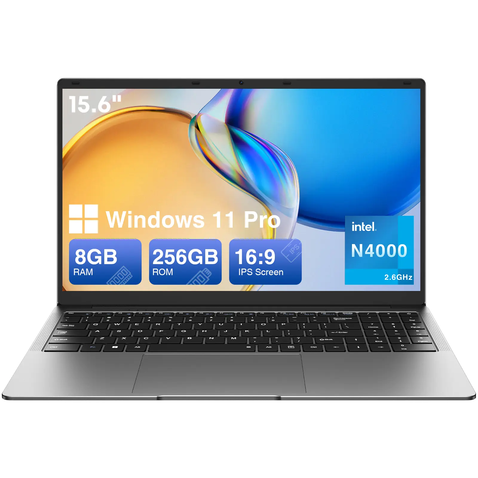 TPV 15.6" Portable Laptop Computer (IPS Panel), Windows 11 Pro, MS Office 2024, Intel Celeron N4000 (Up to 2.6GHz), 8GB RAM, 256GB Storage, 100% sRGB Screen, 2.4G/5G Dual Band Wi-Fi, BT4.2, USB-A/3.0, Long Battery Life, Silver Laptop for Students, Camera