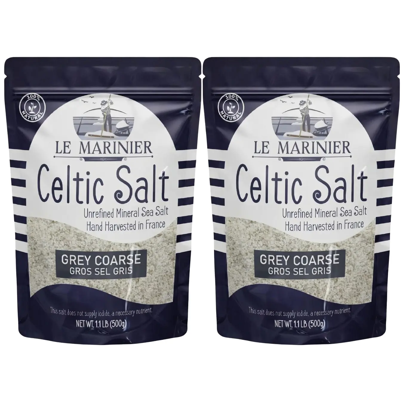 Le Marinier Celtic Salt Organic Grey Coarse, 1.1lb - 18oz Pack of 2. Mineral Rich Unrefined French Sea Salt 100% Natural, Hand Harvested (1.1lb Grey Coarse - Pack of 2)