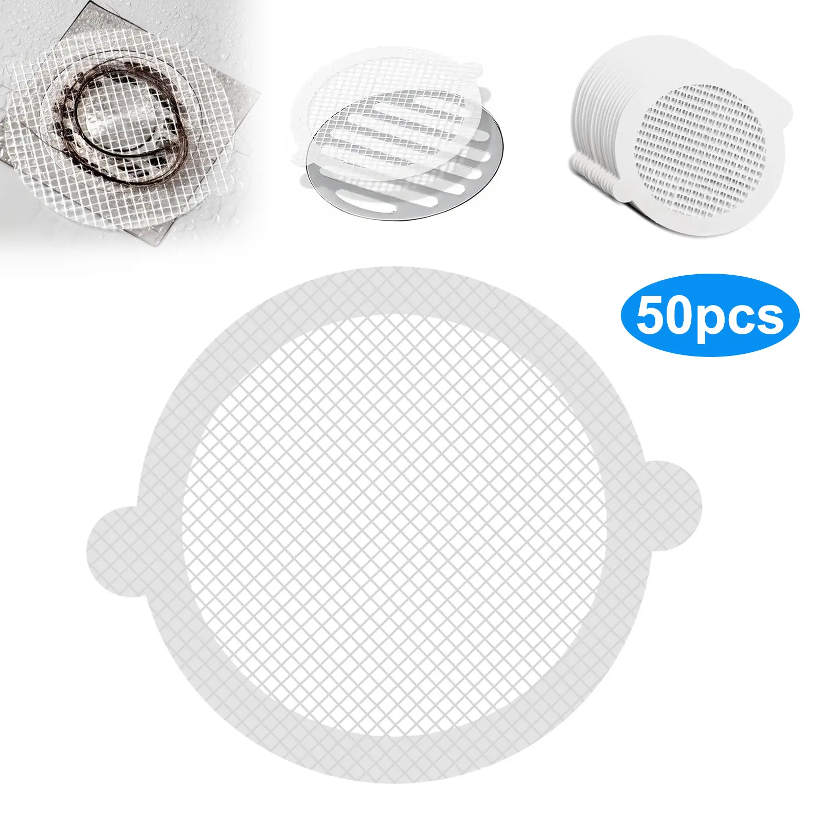 50Pcs Drain Hair Catcher Mesh Sticker-Disposable Shower Drain Cover,Bathroom Sewer Sink Drain Hair Strainer Stopper,Bathtubs Mesh Filter Sticker,Strong Adhesive