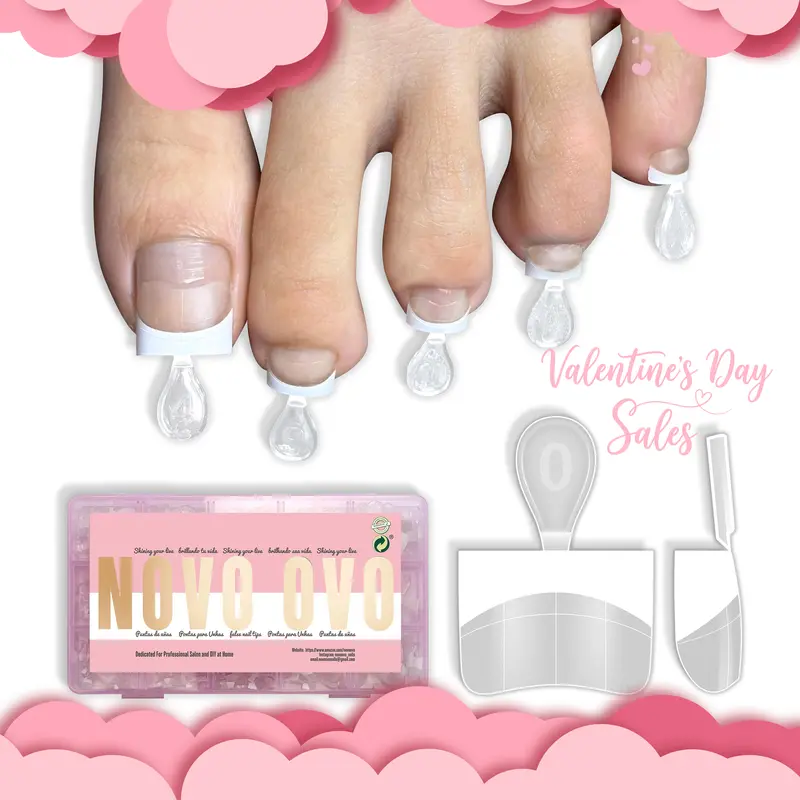 NOVO OVO White French Tip Half Cover Toe Nail Tips, Clear Soft Gel with Auxiliary Line for Fake False Toenail Extension, Sharp Square Medium Wide for Men Women Acrylic pedicure x15 Sizes 240 Pcs