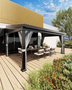 10'X14' Wall-Mounted Lean-to Gazebo – Galvanized Steel Roof with Gutters & Sliding Netting/Curtains, Weather-Resistant Pergola for Patio & Backyard-Grey