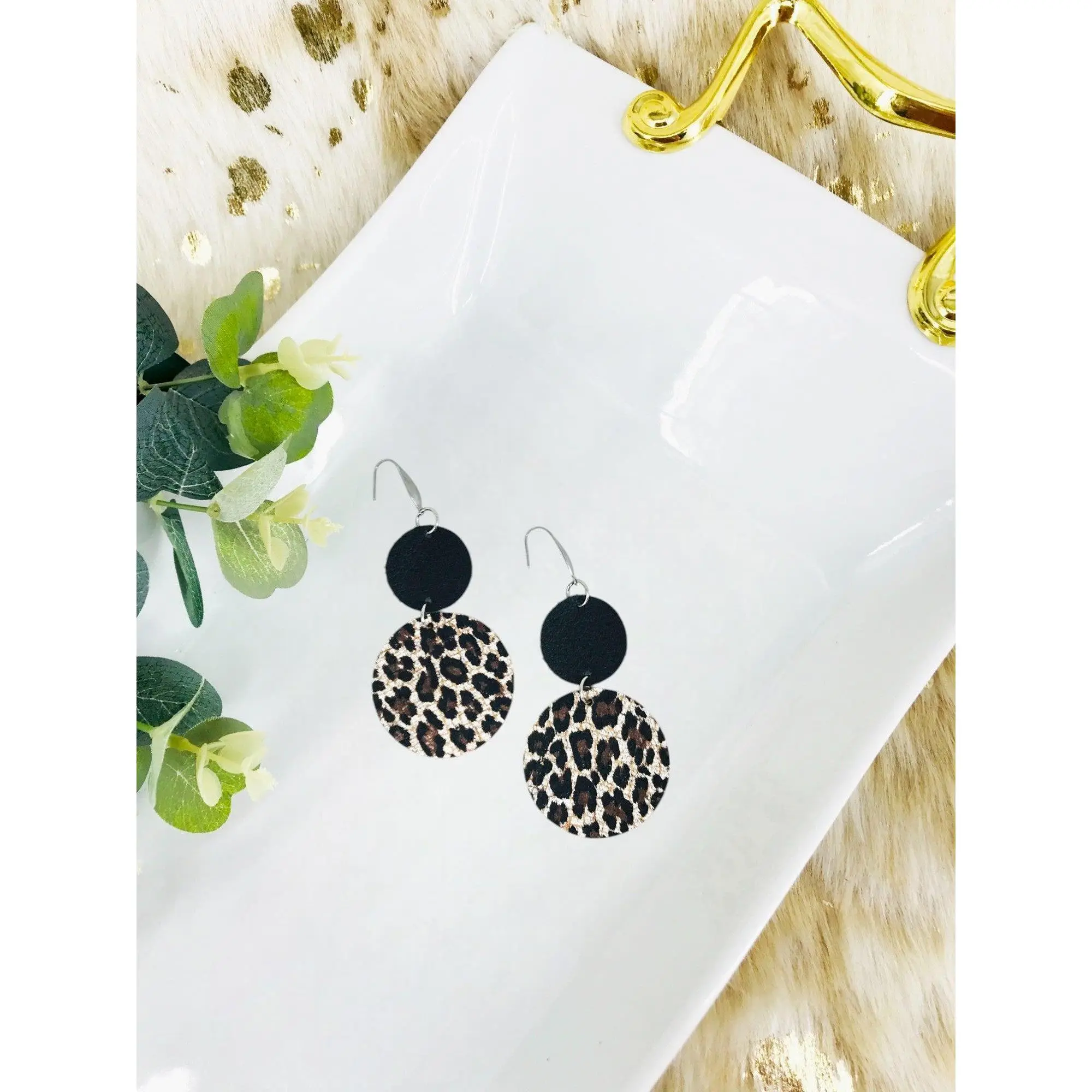 Black Leather and Cheetah Cork Leather Earrings - E19-1802