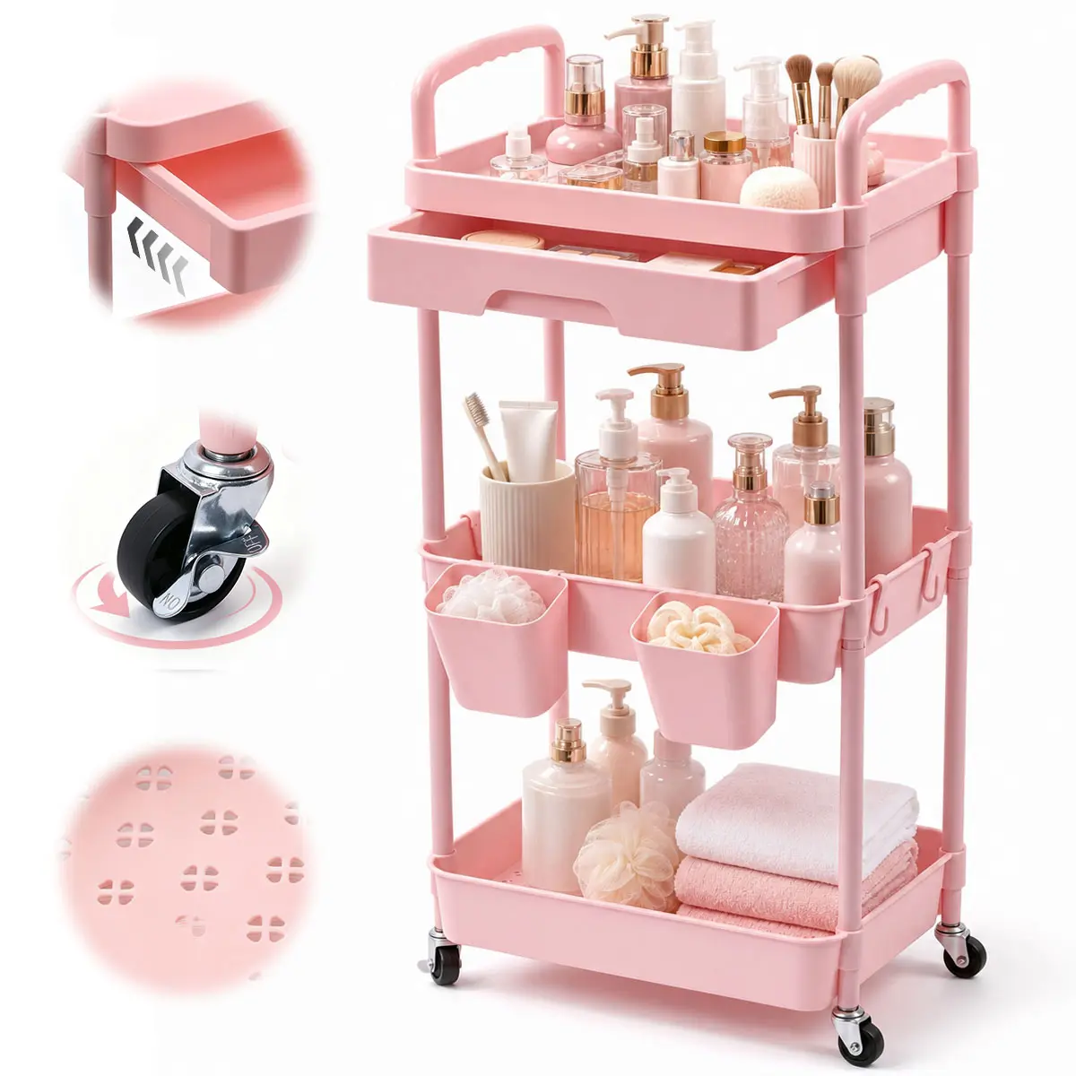 3-Tier Frame Rolling Cart Organizer Storage, Metal Mobile Utility Cart with Hollow Rack, Pull-Out Drawer, Hanging Baskets & Lockable Wheels - Easy-Installation Home Organizer for Kitchen Utensils, Bedroom Storage