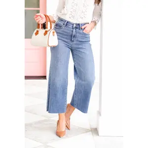 Judy Blue High Rise Medium Wash Classic Wide Leg Cropped Raw Hem Jeans