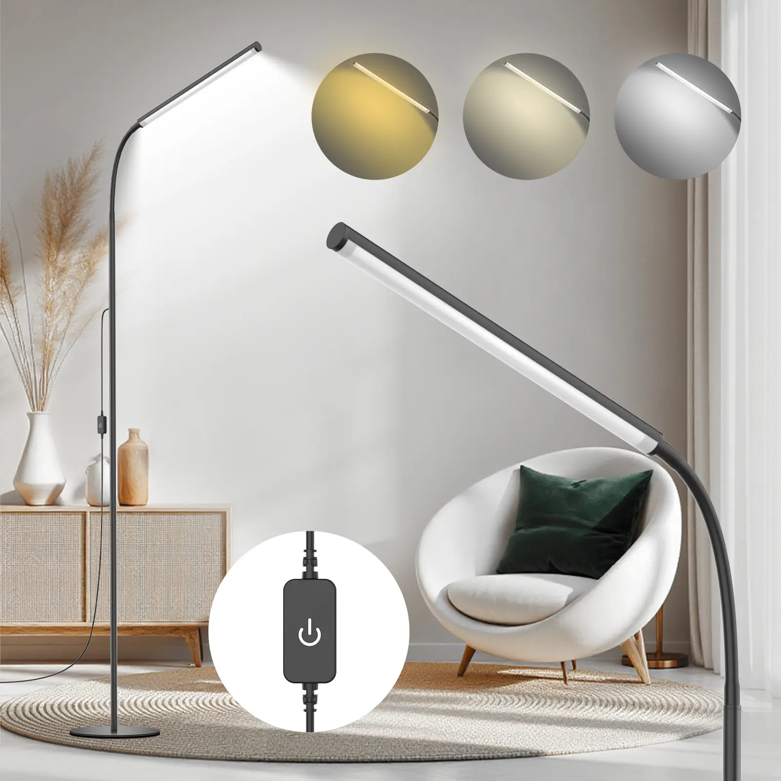 KEXU 15W Bright Corded Floor Lamp, 3700K-7000K Colors, Dimmable Gooseneck Angled Floor Lamp for Bedroom Reading Eye Protection, Modern Adjustable Lights for Bedroom, Adjustable Floor Lamps