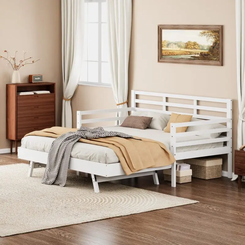 Twin Daybed with Trundle & Guardrails - White Pine Wood Sofa Bed, 350lbs Capacity, Space-Saving for Bedroom/Living Room