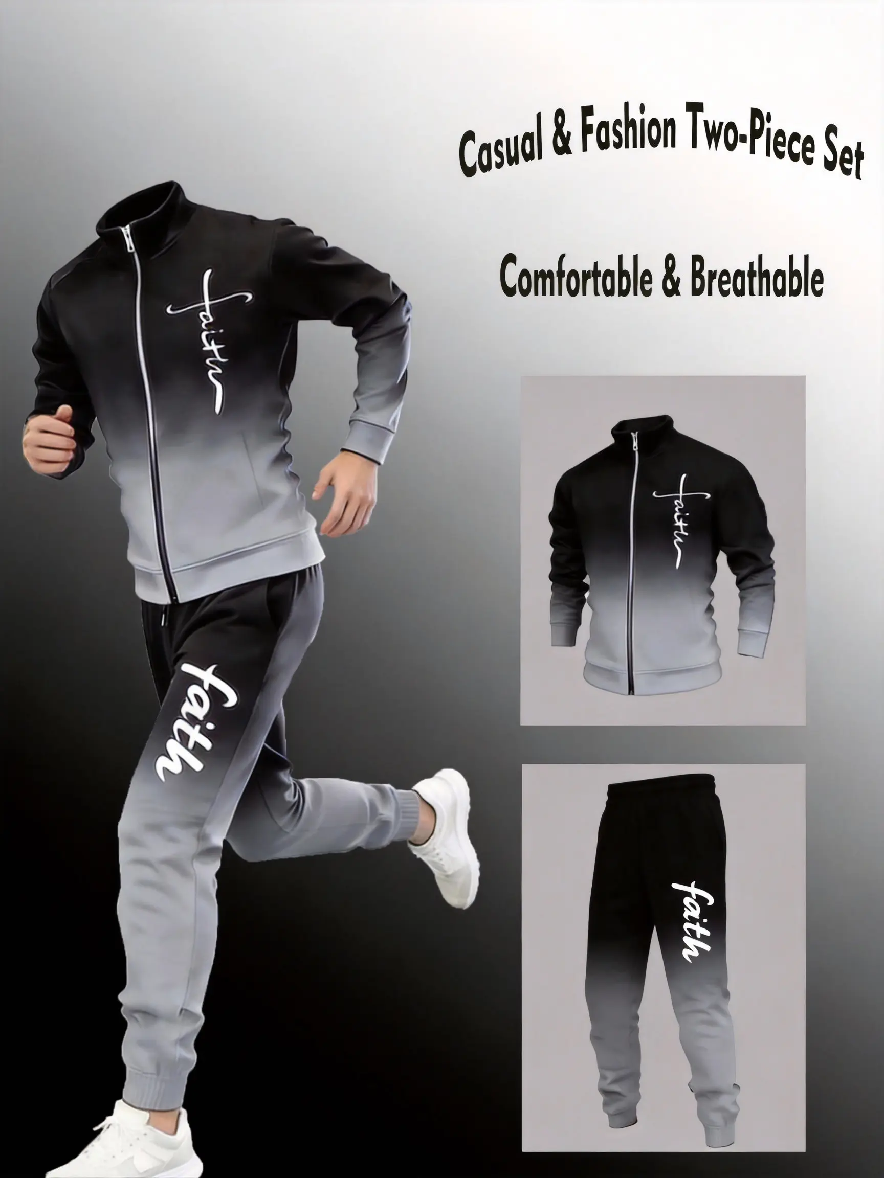 Men's Stylish Gradient Matching Set - Faith Cross Print Jacket & Pants for Casual Walking Vibrant Color Scheme & Bold Aesthetic
