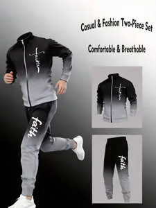 Men's Stylish Gradient Matching Set - Faith Cross Print Jacket & Pants for Casual Walking Vibrant Color Scheme & Bold Aesthetic