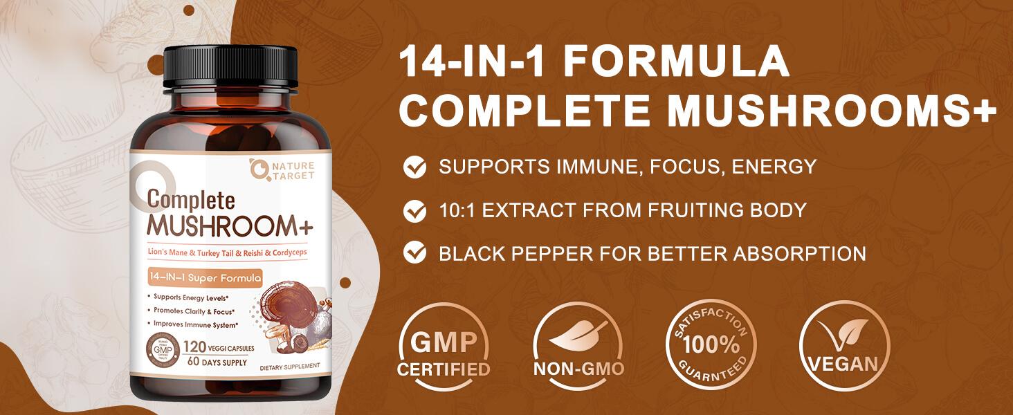 NATURE TARGET Mushroom Supplement, Mushroom Complex with Lion's Mane, Turkey Tail, Reishi, Cordyceps, Shiitake, 14-in-1 Mushrooms for Memory and Focus, 120 Capsules
