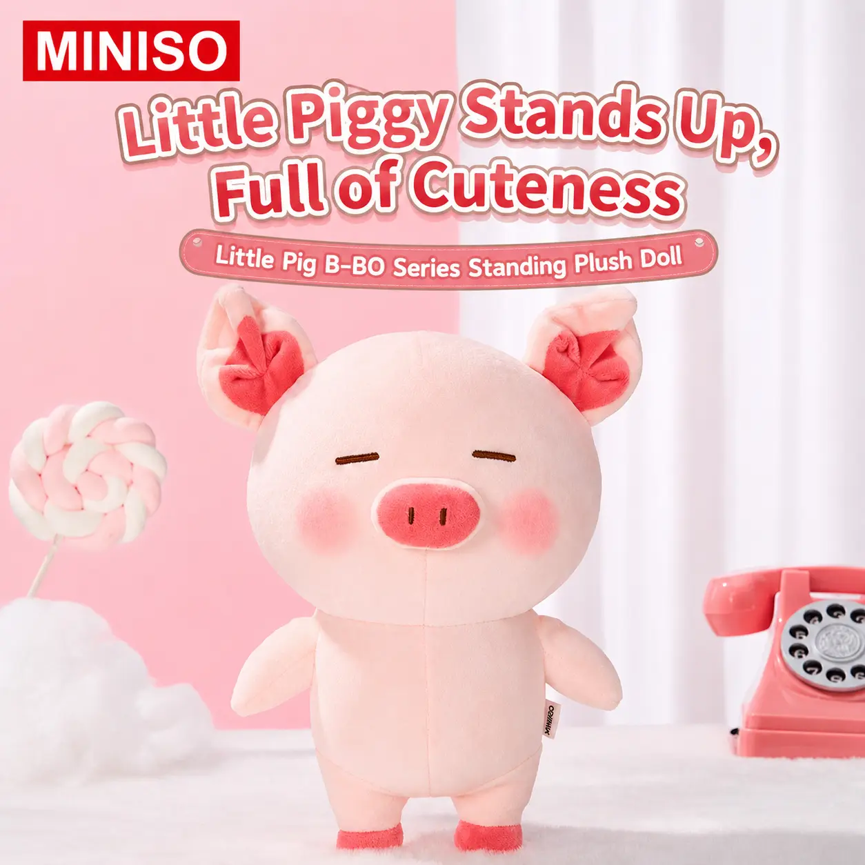 MINISO Cute Pig B-BO Standing Plush Toy - Kawaii Stuffed Animal, Soft Adorable Stuffed Polyester Animals, Unisex Kids' Cuddle Companion, Bedroom Decor for Back To School