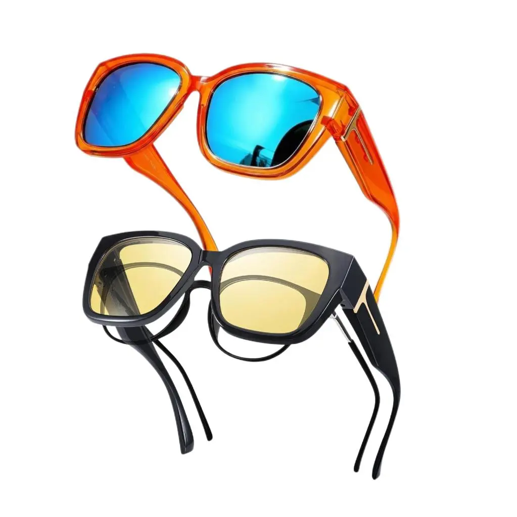 2 Pack Fit Over Large Retro Sunglasses Set - Polarized Over Glasses & Night Driving Glasses, Anti Glare UV400 Wear Over Prescription Eyeglasses for Women Men