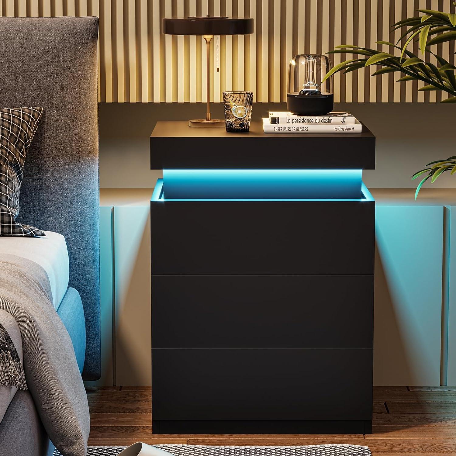 [Spring Sale] Sikaic Nightstand with Charging Station and LED Lights, Night Stand with Sliding Top for Bedroom, Bedside