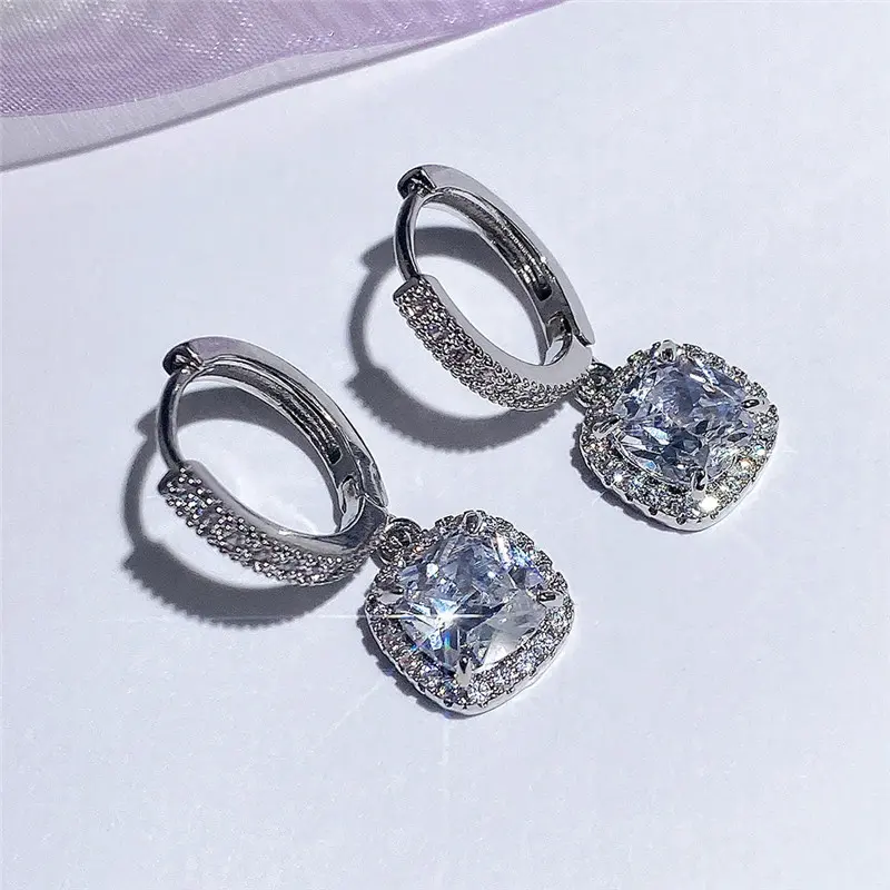 Dangling Leverback Clasp Earrings for Women with an Elegant Princess Cut Square CZ Drop Charm, Lightweight Halo Set Jewelry for Birthday or Anniversary