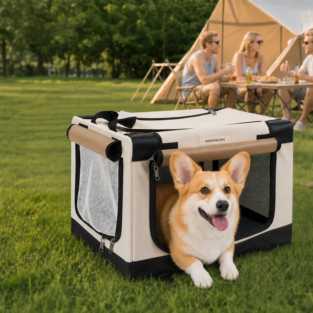 Portable Fabric Collapsible Travel Dog Crate Puppy Carrier for Small-Medium Dogs, 20*14*14 Inch Beige & Khaki Color Block Travel Kennel Bag with 3 Doors, Chew-Proof Mesh Windows, Buckle, Hand Wash Only, Carrier Bag