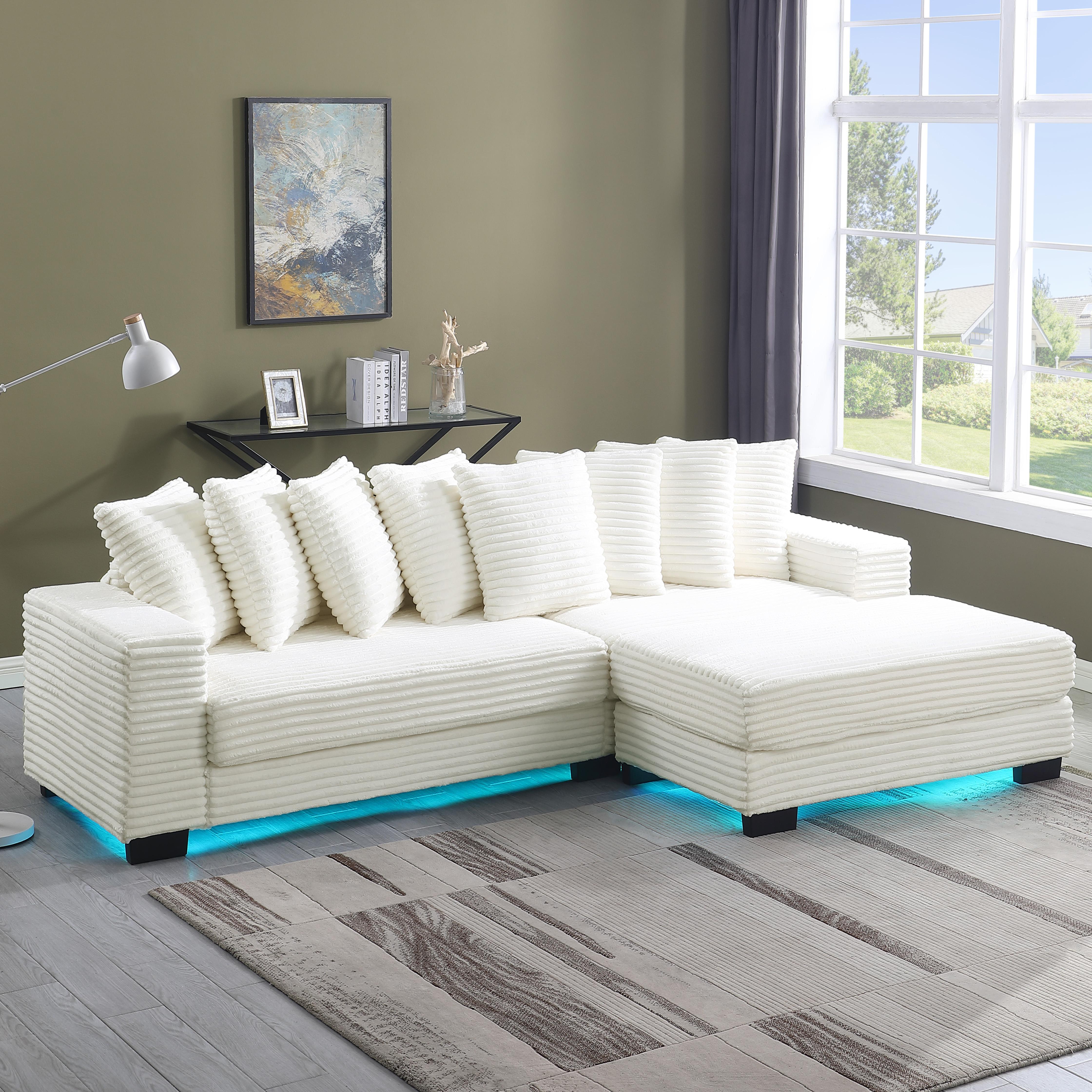 【Sub 3 packages】Nicceae 110" LED Lighted L-Shaped Sleeper Sectional Sofa – Modern Modular Design, Adjustable Footrests, 8 Throw Pillows, , Easy Assembly, Ideal for Living Room, Bedroom, Apartment, Hotel L-Shaped Corduroy Sofa with Pillows cob  couch