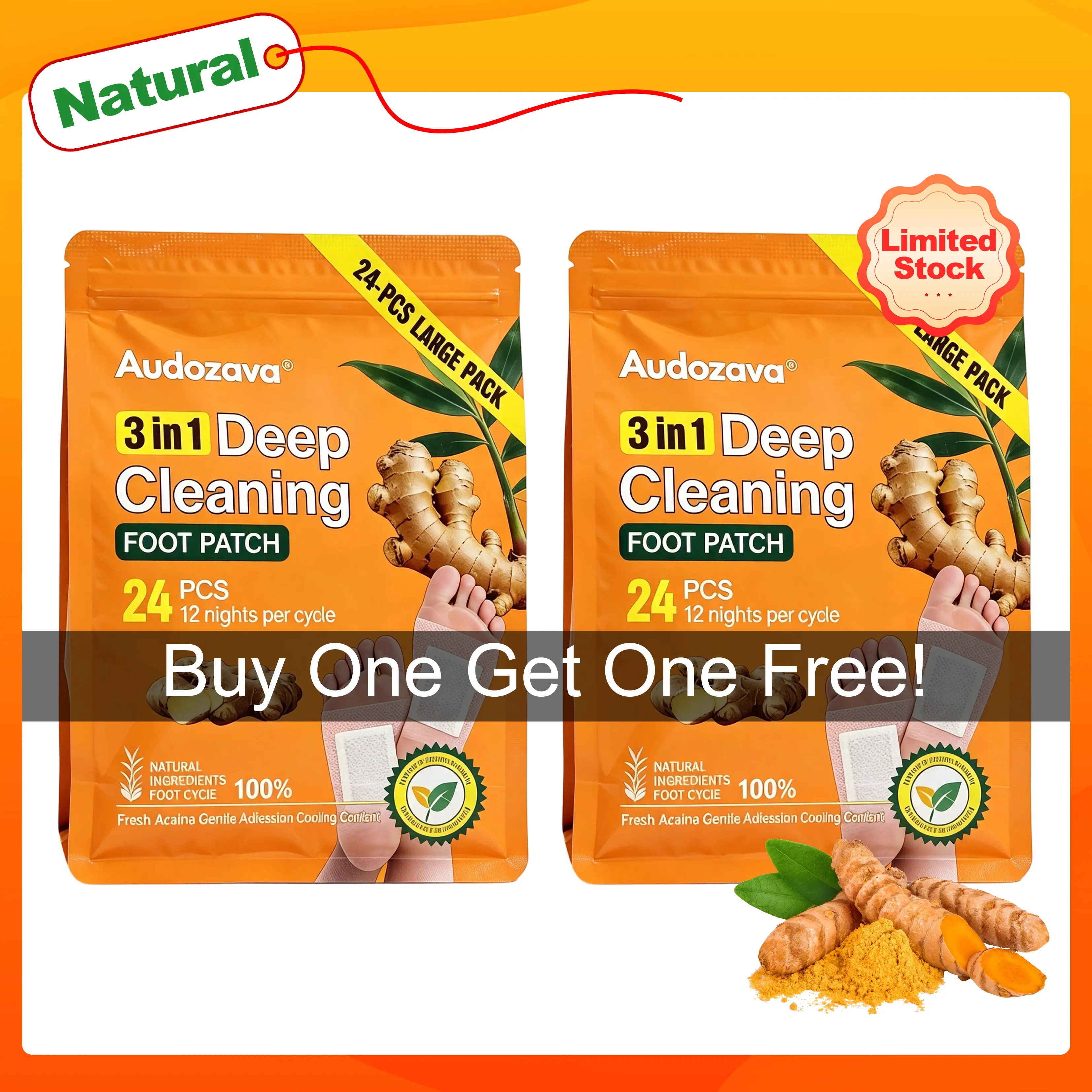 【Buy 1 Get 1 Free】24 Count Deep Cleansing Detox Foot Pads - 3-in-1 Natural Ginger & Bamboo Charcoal Patches, 12 Nights Cycle for Toxin Removal, Stress Relief & Better Sleep Turmeric, Foot Relief, Detox Foot Patch Buy 1 Get 1 Free