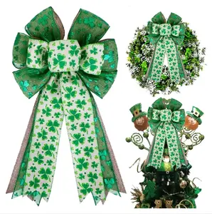 St Patricks Day Bow for Wreath Decorations,St Patricks Day Tree Topper Bows,Large Burlap White Green Glitter Shamrock Bowknot Irish Holiday Crafts Bows for Front Door Outdoor Outside