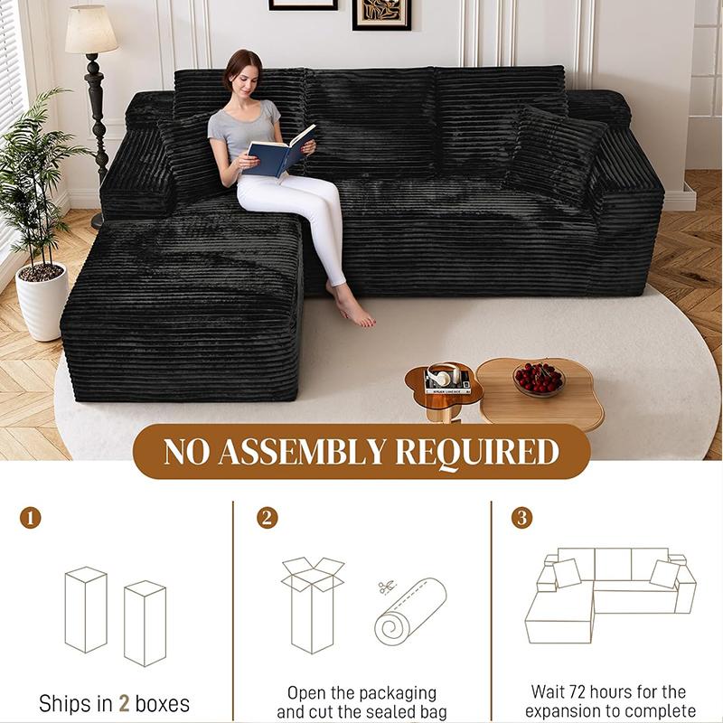 [2 Packages shipping】 105" Plush Corduroy Cloud VelvetModular Couch with Chaise , No Assembly Required -L-Shaped Sectional Sofa Set with Flexible Configuration