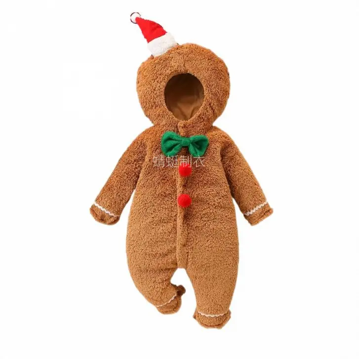 Boys' Festive Gingerbread Hooded Jumpsuit Hoodies - Soft Warm Long-Sleeve Polyester Romper, Red-Green Accents, Snowman & Reindeer Prints, Ideal for Autumn-Winter Outdoor Use