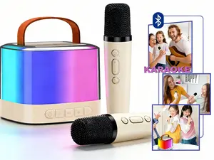 Mini Bluetooth Karaoke Machine with 2 Wireless Microphones, Colorful LED Disco Lights, Bluetooth 5.3, USB Charging, & 5 Sound Effect Modes for Home & On-the-Go Singing Fun