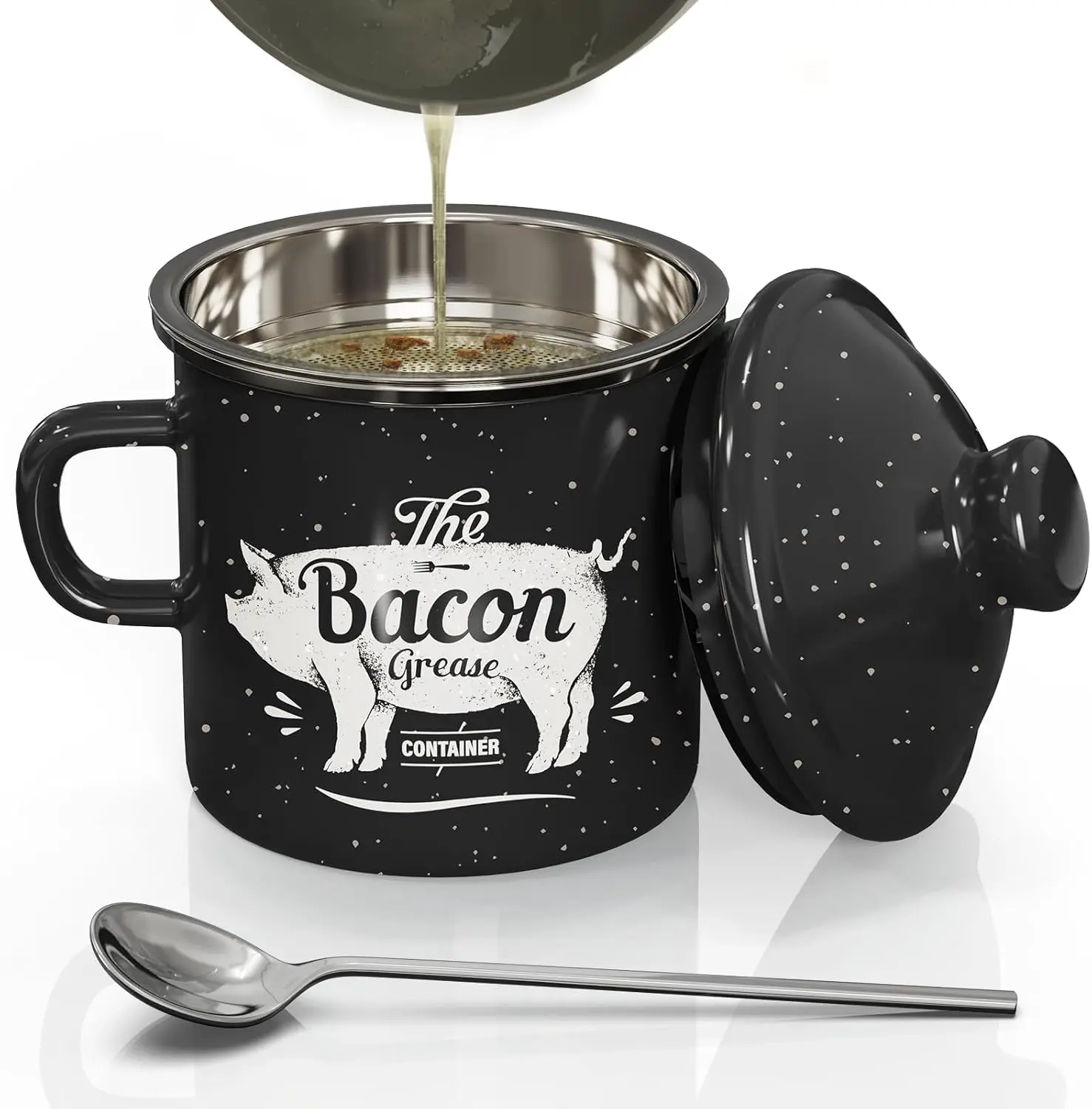 Bacon Grease Container Set - 15/46 OZ Vintage Enamel Grease Container,Grease Saver,Cooking Oil Storage Can Grease Keeper for Kitchen,Dishwasher Safe homeessentials