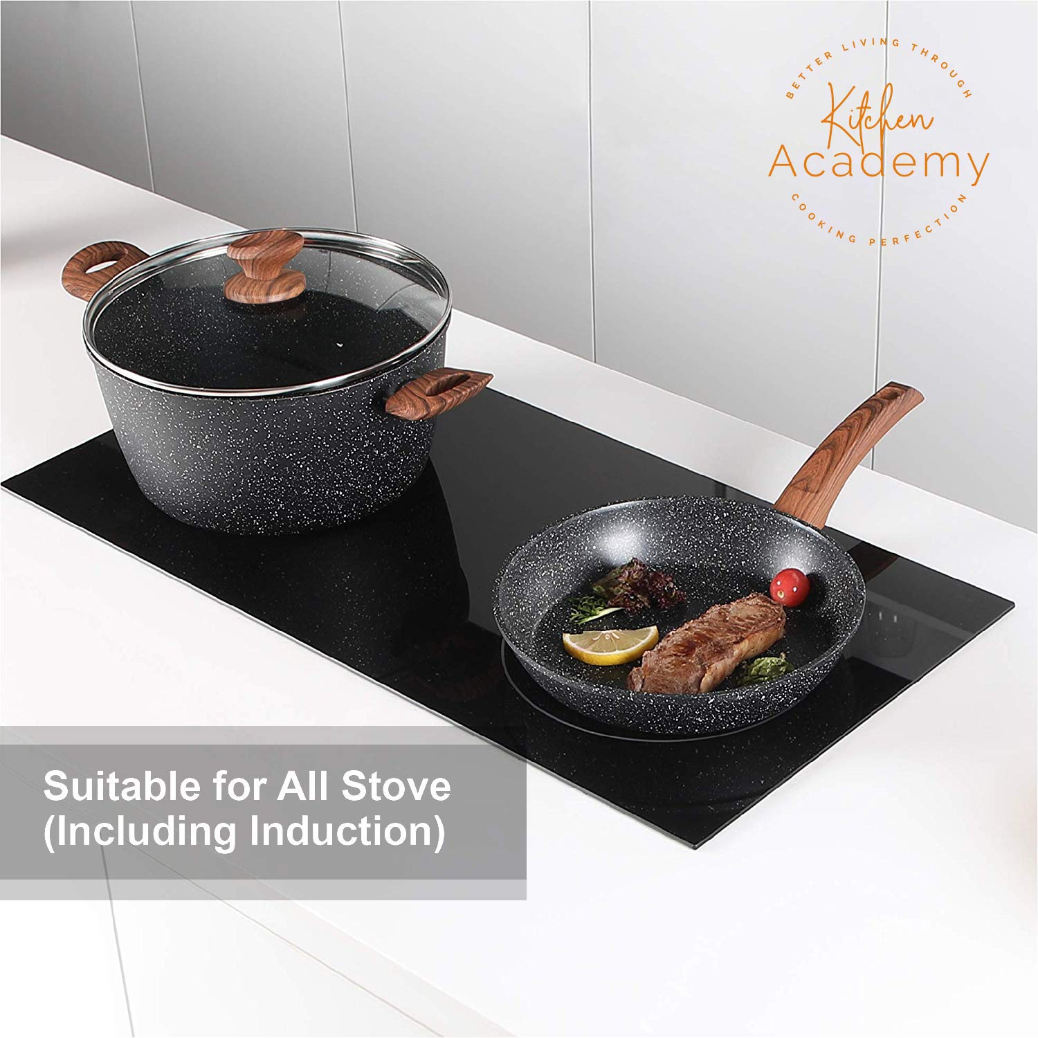 Kitchen Academy Set of 30 Pieces - Induction Cookware with Nonstick Granite Stone Coating, Includes 5 Casserole Lids, Various Woks and Frying Pans
