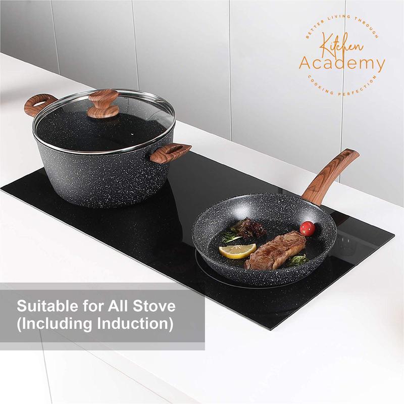 Kitchen Academy Set of 30 Pieces - Induction Cookware with Nonstick Granite Stone Coating, Includes 5 Casserole Lids, Various Woks and Frying Pans