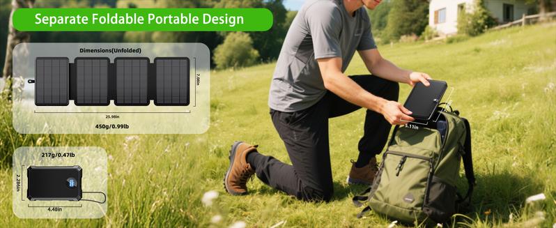 10000mAh Solar Power Bank, Detachable Solar Panel, 14W Foldable, Magnetic Charging, 5 Port Fast Charging, IPX5 Waterproof, Works Separately for Phones/Tablets, Camping Outdoor