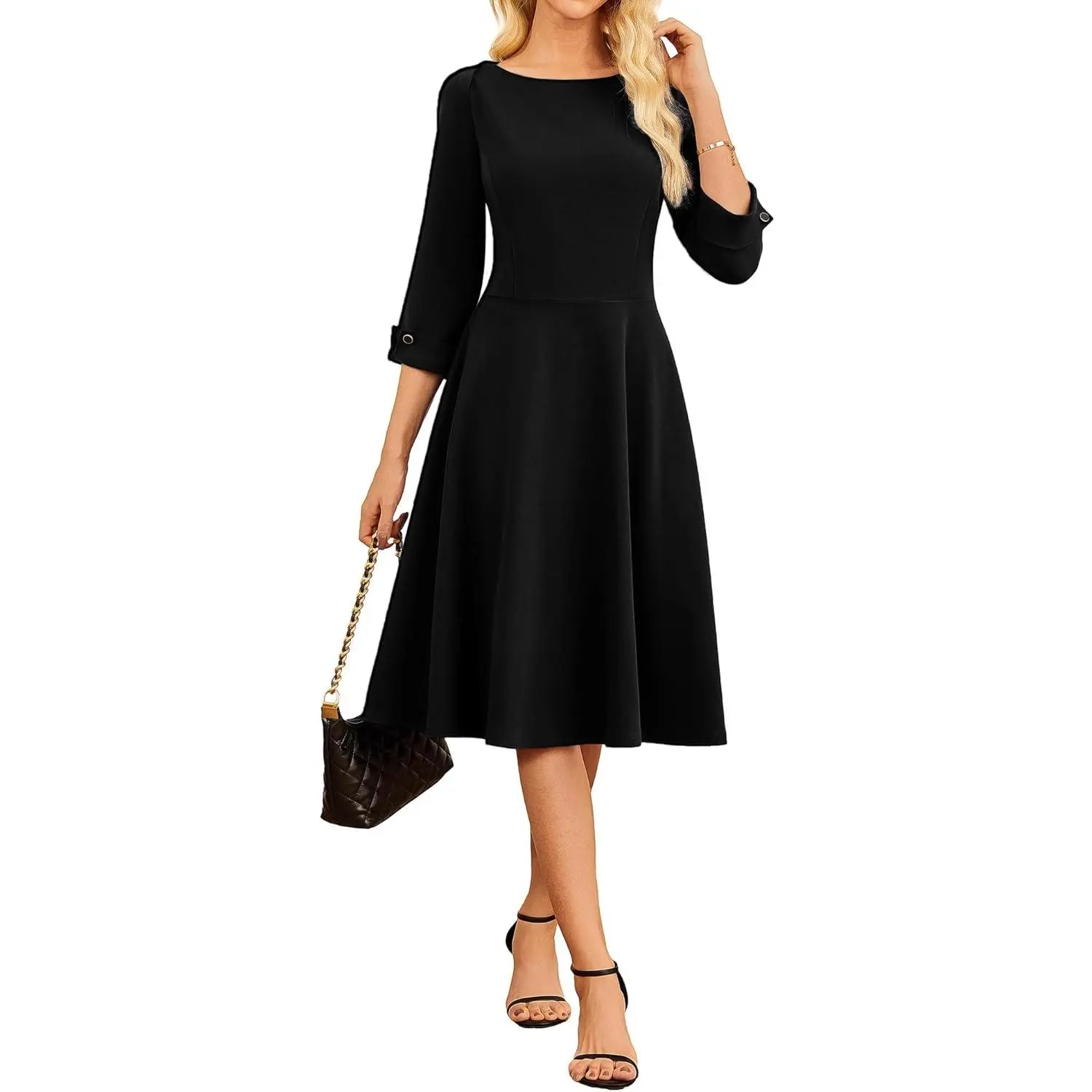 2025 New Women Work Dresses 3/4 Sleeve Fit and Flare Business Midi Dress Classy Office Dress with Pockets Professional Elegant