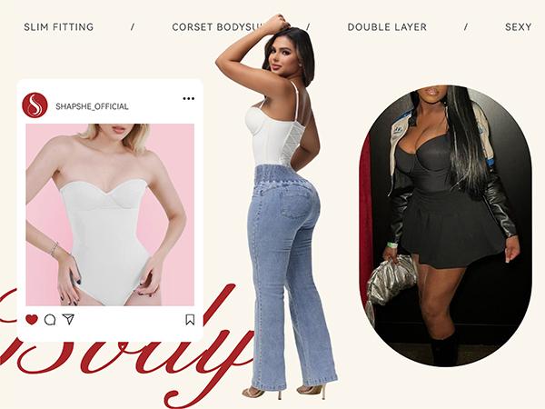 SHAPSHE Strapless Shapewear Corset Bodysuit for Women Tummy Control Thong Shapewear Going Out Outfits with Adjustable Straps & Built-in C Steel Bones