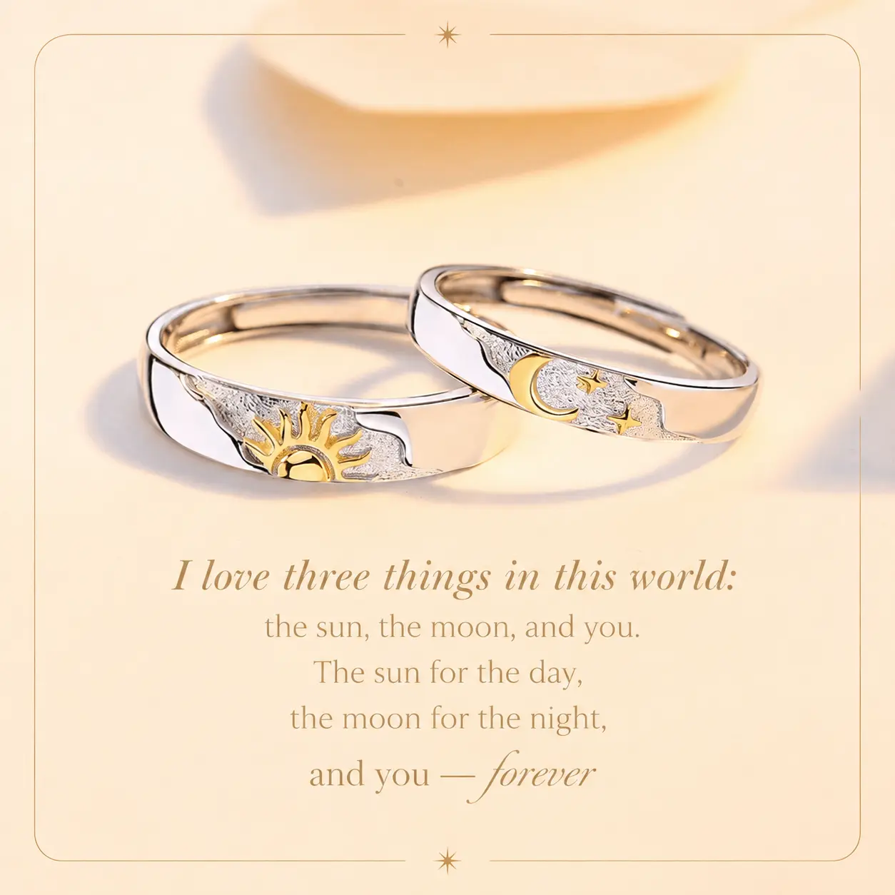 Sun and Moon Matching Adjustable Rings for Couples -  Promise Rings, Engagement Wedding Ring Sets for Him and Her