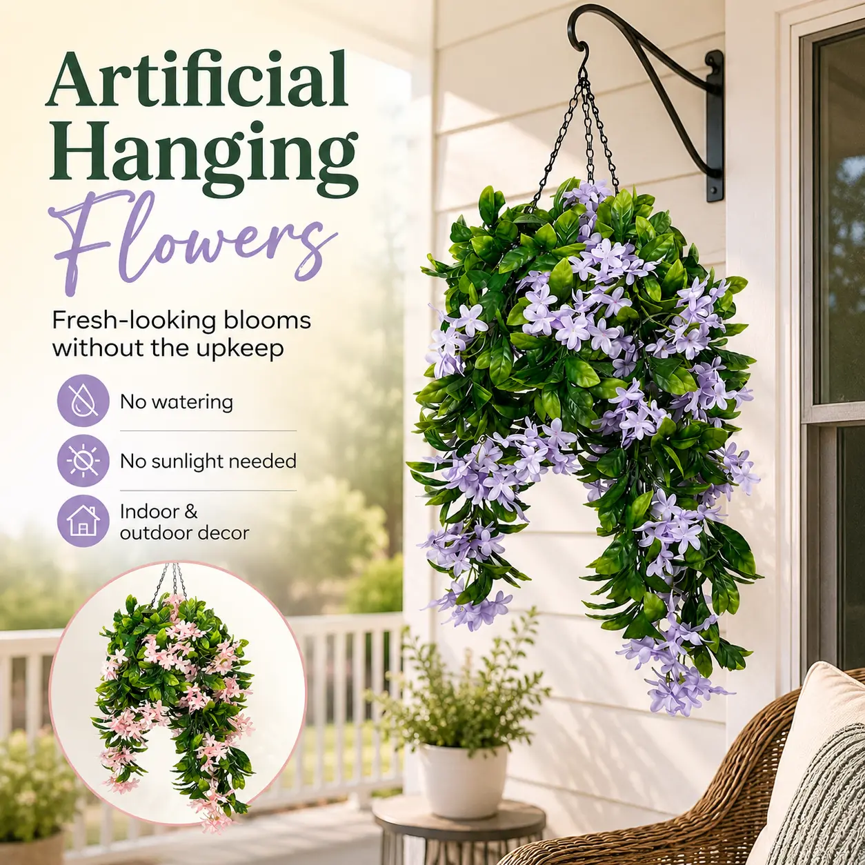 15" Faux Crepe Myrtle Hanging Flower Baskets (Set of 2) - Realistic Artificial Decorative Baskets for Balcony Outdoor, Porch, Patio Garden Decor