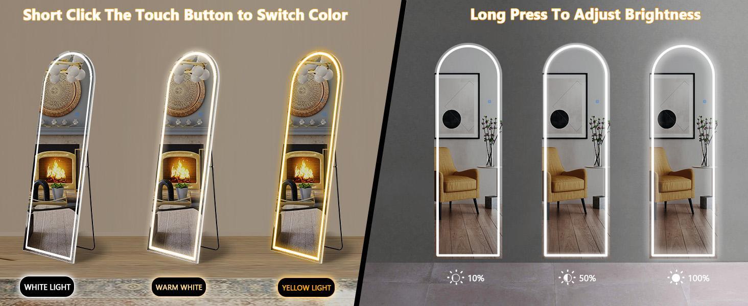 Floor Mirror Stand Mirror Full Length with LED Lights, Floor Mirror Dimming & 3 Color Lighting