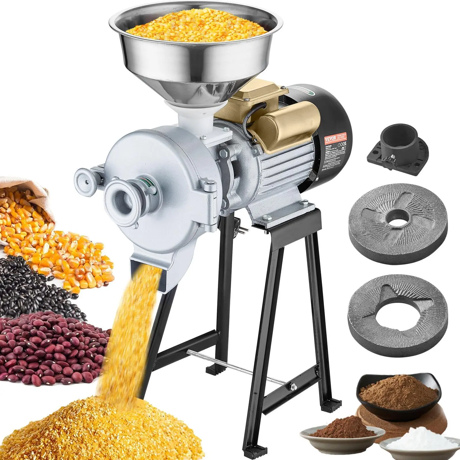 【Summerfinds】VEVOR Electric Grain Mill Grinder,  , 3000W Spice Grinders, Commercial Corn Mill with Funnel, Thickness Adjustable Powder Machine, Heavy Duty Feed Flour Cereal Mill Wheat Grinders, Dry & Wet Grinder
