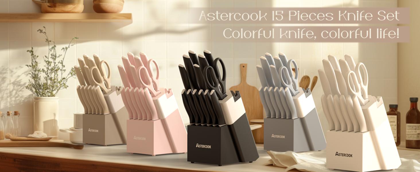 Astercook 14-Piece Kitchen Knife Set with Knife Block & Sharpener, Ceramic Coated Stainless Steel, Dishwasher Safe, Modern Home Cooking Cutting Carve