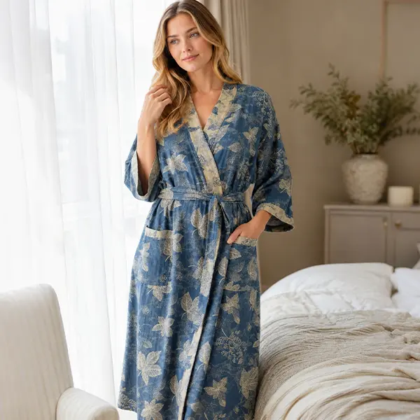HOMEHUAL Women's 100% Cotton Gauze Kimono Robe Floral Bathrobe Lightweight Soft Lounge Robe with Pockets