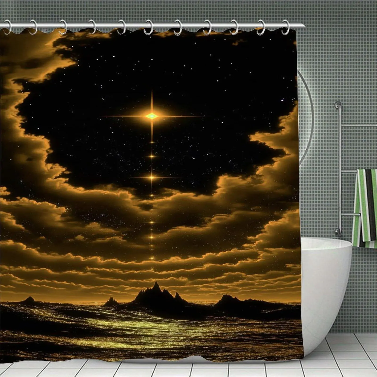 Golden Starry Ocean Mountain Night Scene Shower Curtain