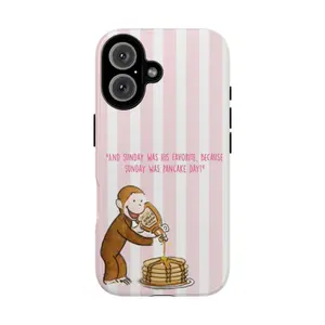 Curious George Pink Stripe Pancake Sunday Faith & Fun Monkey Smartphone Case, Cute Bible Verse Design Shockproof Protection Casing, Handheld Devices Accessory