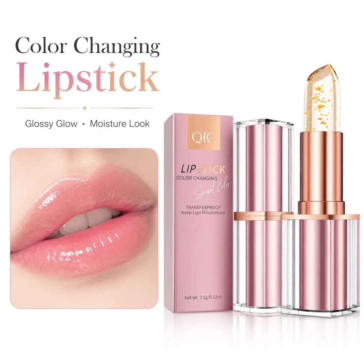 QIC Gold Foil PH Color Changing Lipstick, Temperature Activated Skin-Adaptive Tinted Lip Balm, Transferproof Glossy Glow Lip Gloss, Non-Drying Long Lasting Moisturizing Hydrating Nourishing Lip Care for Mature Women All Skin Tones,ayesha pink lipstick