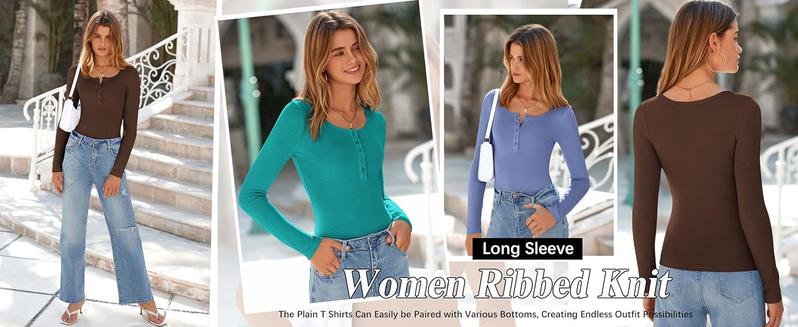 PrettyGarden Women's Fall Long Sleeve Henley T Shirts Button Ribbed Knit Slim Fit Casual Basic Tops Blouse