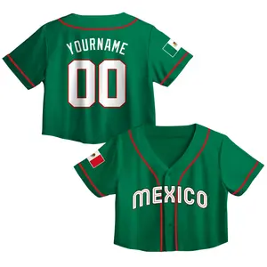 Green White Mexico 2026 Baseball Jersey Crop Top – Personalized Name & Number, Custom All Over Print Cropped Jersey for Women, Youth, Kids, Game Day Shirt 2026