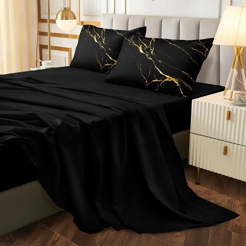 Black Marble Comforter Set Queen Size 8 Pieces Bed in a Bag Gold Metallic Marble Design Bedding with 1 Comforter, 4 Pillowcase, 1 Flat Sheet, 1 Fitted Sheet, 1 Cushion Cover