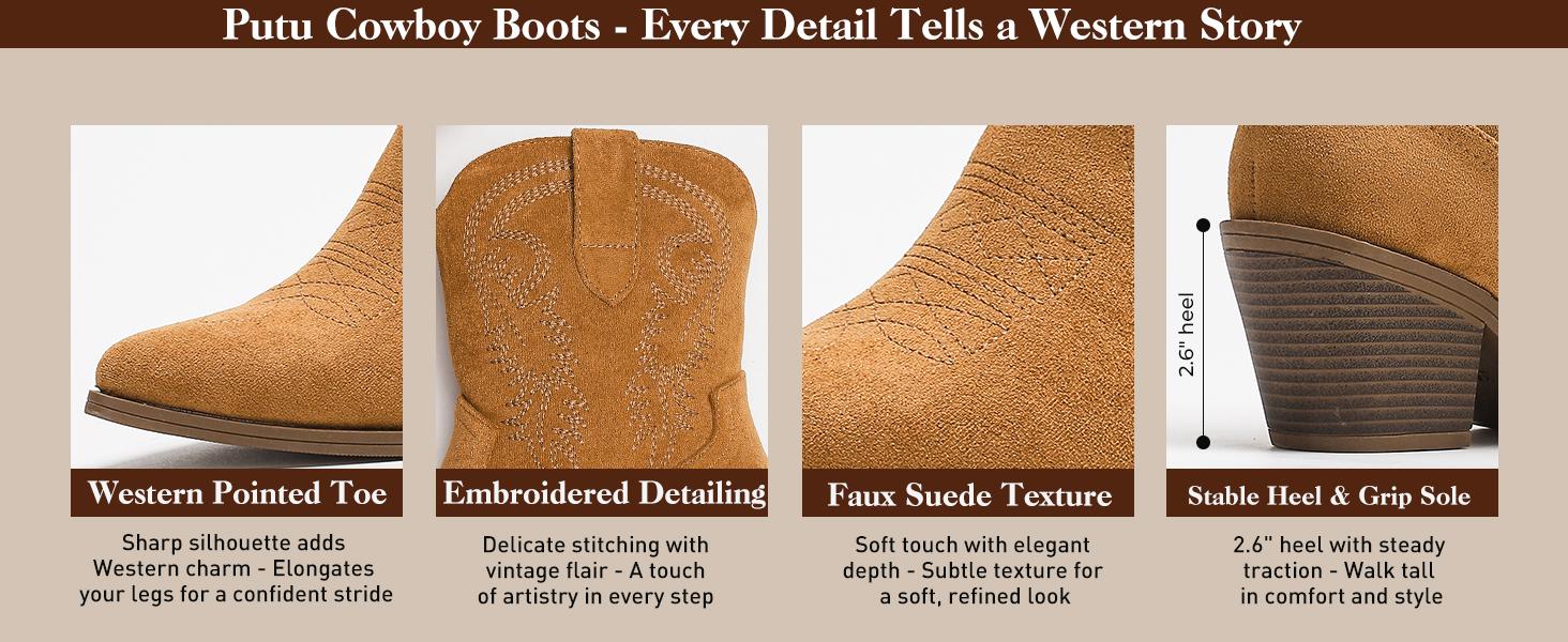 Cowboy Cowgirl Ankle Boots for Women Western Boots with Pointed Toe, Side Zipper and Chunky Heel Design