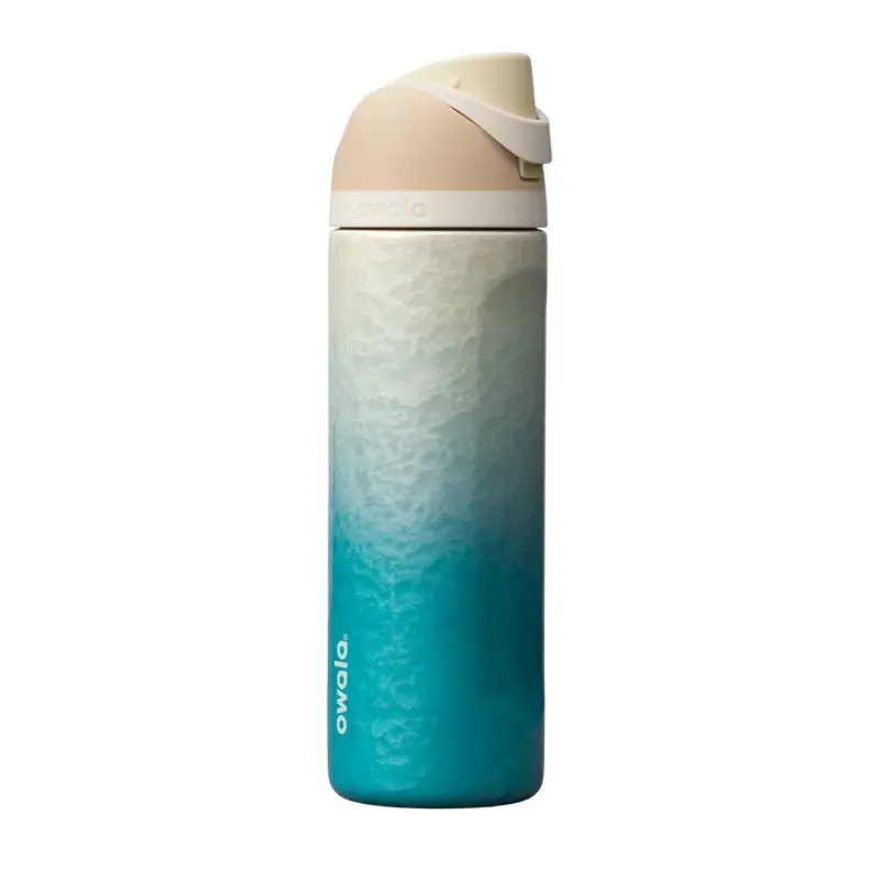 [2026]FreeSip Sway Ocean Blue Gradient Water Bottle Insulated Stainless Steel Leakproof Straw Lid Travel Tumbler Cup Holder Friendly Beach Gym Outdoor Hydration Bottle 24oz