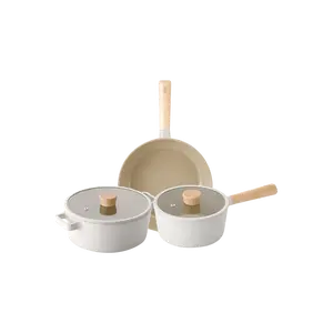 NEOFLAM FIKA 5-Piece Ceramic Nonstick Cookware Set with Wooden Handles - Includes 1.7qt Saucepan, 4qt Stock Pot, 9" Frying Pan, and 2 Glass Lids - Korean Design