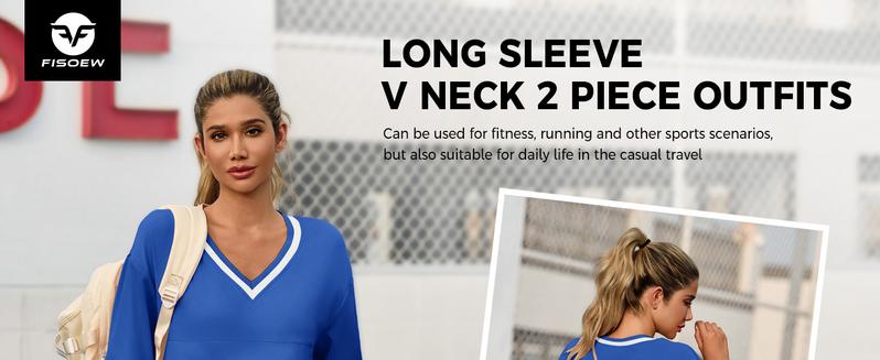 Fisoew Womens 2 Piece Outfits Long Sleeve V Neck Sweatshirt High Waist Running Shorts Sets Loose Fall Workout Tracksuits