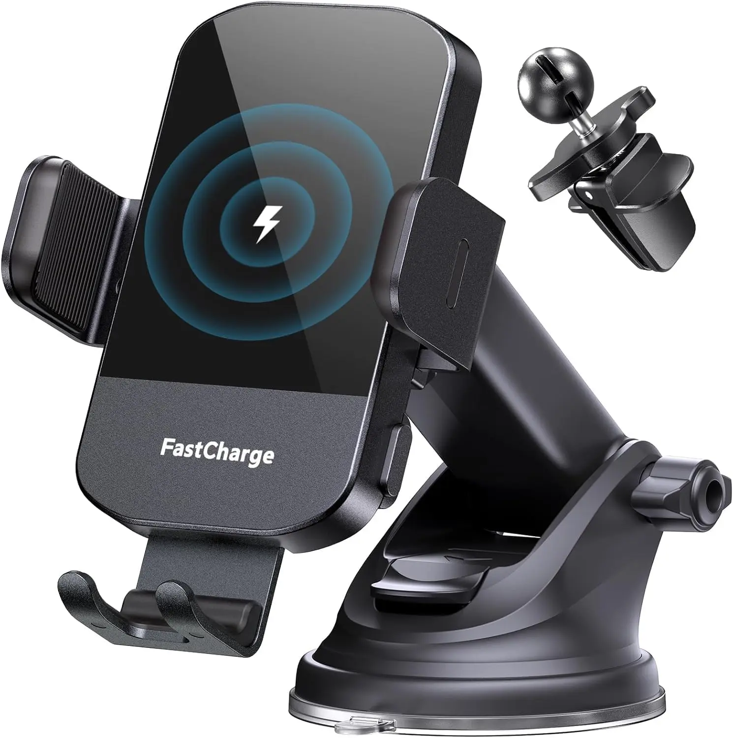 15W Fast-Charge Wireless Car Charger with Automatic Clamping Car Phone Holder, Type-C Charging, Suction Mount, Compatible with iPhone 17 16 15 14 13 12 Pro Max 11 XR XS, Samsung Galaxy S25 Ultra S24 S23, Black, Cars