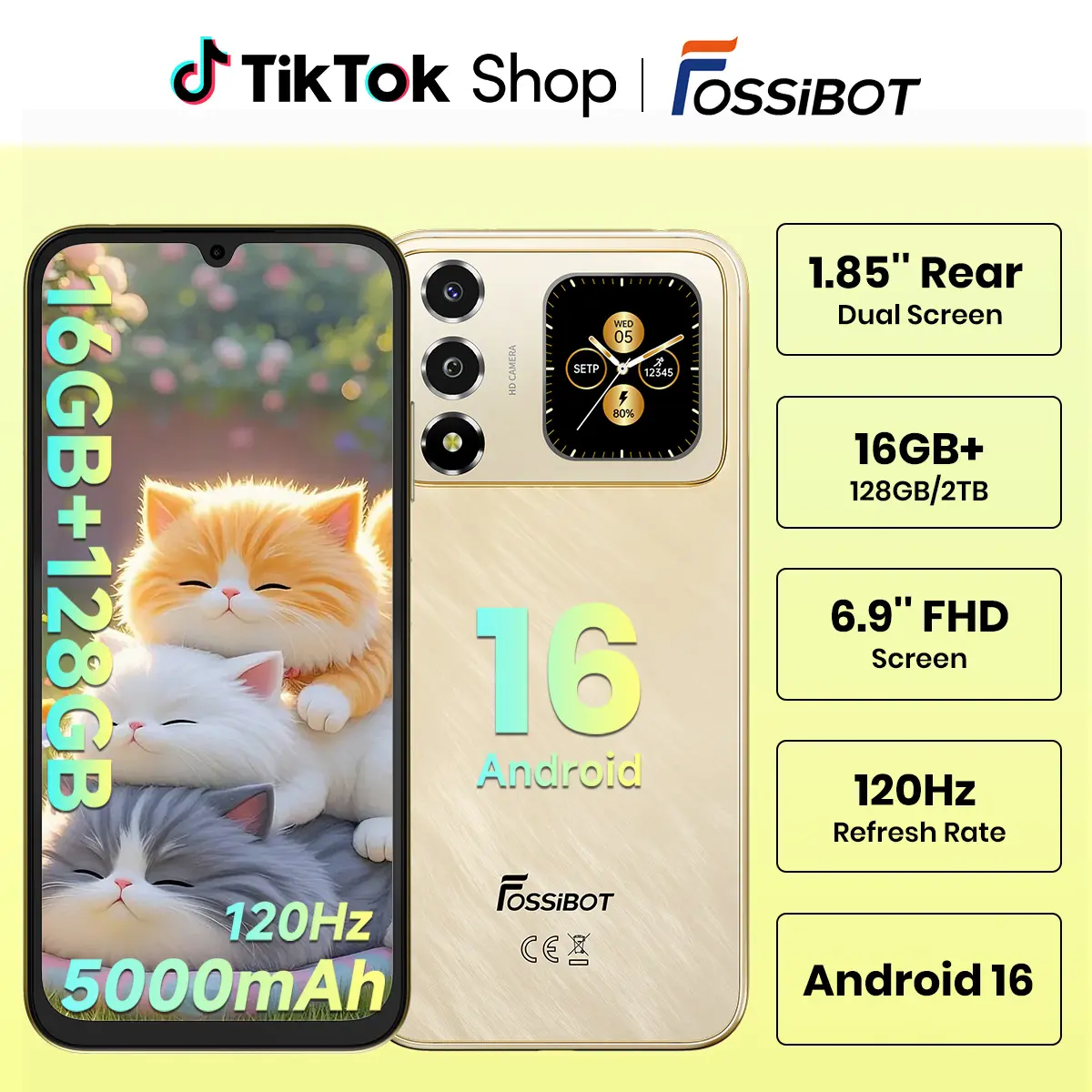 FOSSIBOT S7 | 2026 | Dual Screen | Android 16 | 16(4+12)+128GB | up to 1TB | Unlocked Cell Phones 1.85"Smart Rear Display | 120hz | 5000mAh | 6.9''FHD | 1080p 60fps Encode |16MP AF | GPS | Dual SIM | 4G | AI Recognition | Beauty | Luxury Gold