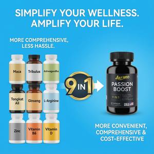 Aerano Passion Boost Men's 9-in-1 Herbal Capsules (4 Bottles) - Ginseng Ashwagandha Ginkgo - Made in USA GMP & HACCP Certified